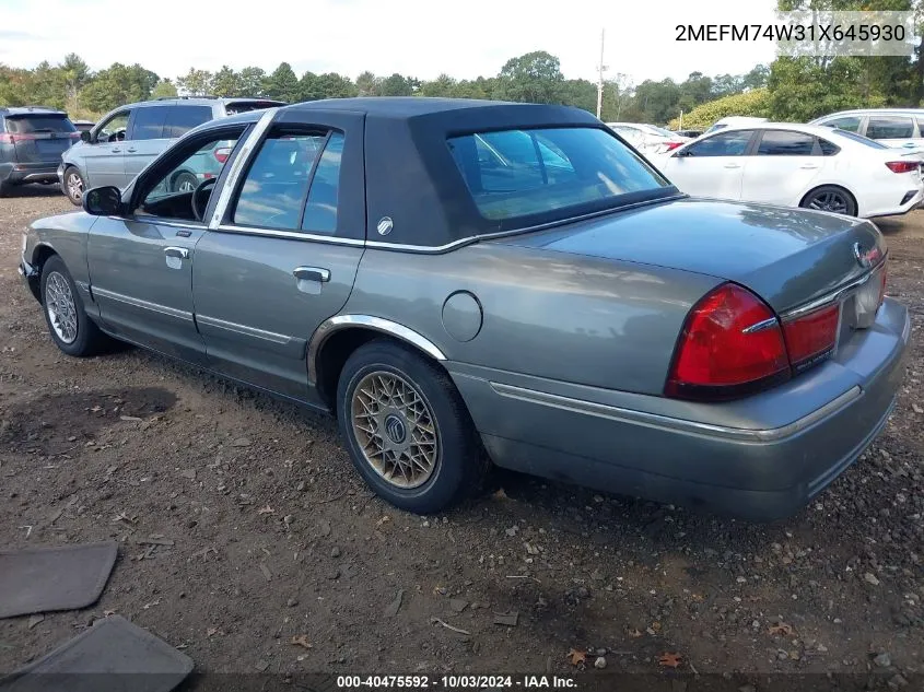 2001 Mercury Grand Marquis Gs VIN: 2MEFM74W31X645930 Lot: 40475592