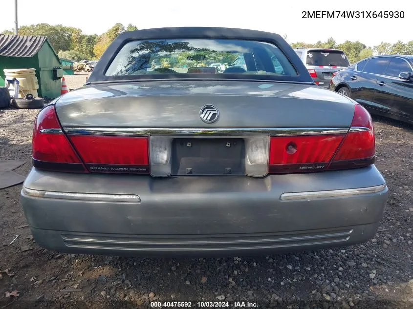 2001 Mercury Grand Marquis Gs VIN: 2MEFM74W31X645930 Lot: 40475592