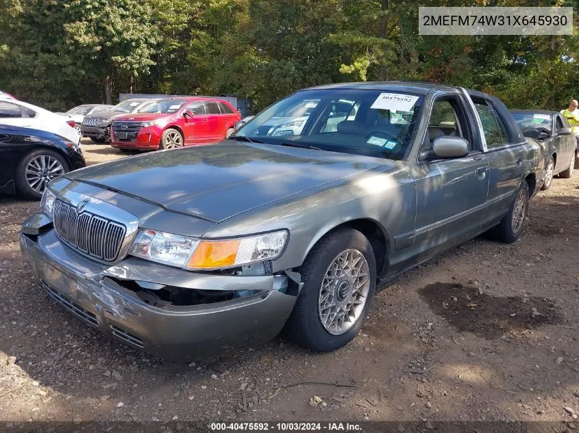 2001 Mercury Grand Marquis Gs VIN: 2MEFM74W31X645930 Lot: 40475592