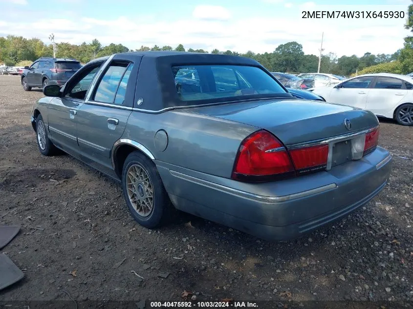 2001 Mercury Grand Marquis Gs VIN: 2MEFM74W31X645930 Lot: 40475592