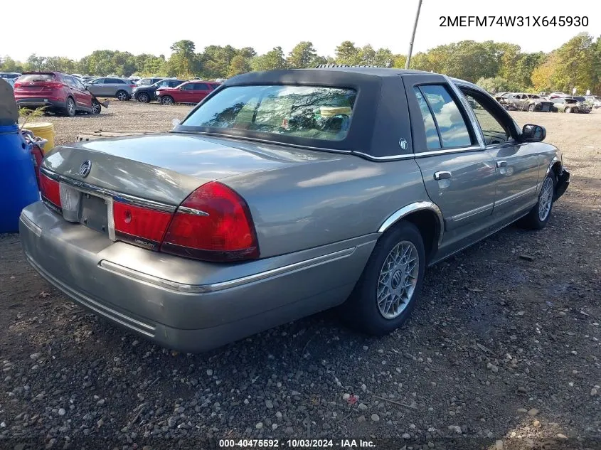 2001 Mercury Grand Marquis Gs VIN: 2MEFM74W31X645930 Lot: 40475592