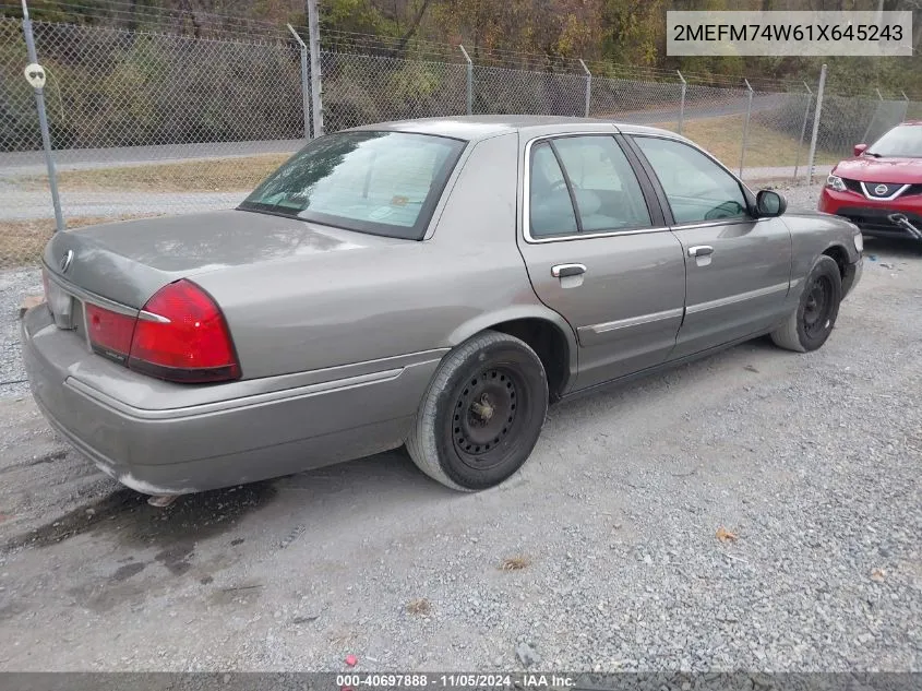 2001 Mercury Grand Marquis Gs VIN: 2MEFM74W61X645243 Lot: 40697888