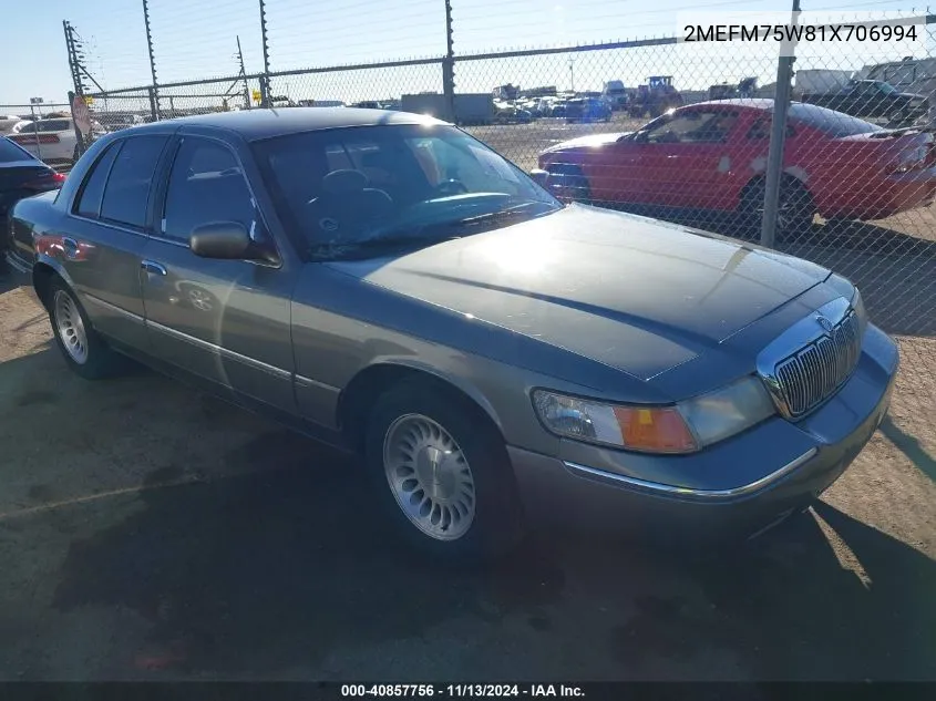 2001 Mercury Grand Marquis Ls VIN: 2MEFM75W81X706994 Lot: 40857756