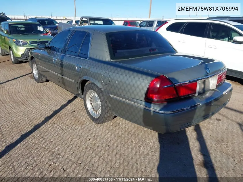 2001 Mercury Grand Marquis Ls VIN: 2MEFM75W81X706994 Lot: 40857756