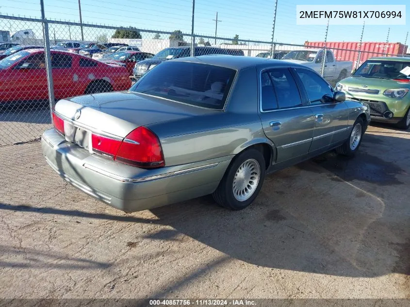 2001 Mercury Grand Marquis Ls VIN: 2MEFM75W81X706994 Lot: 40857756