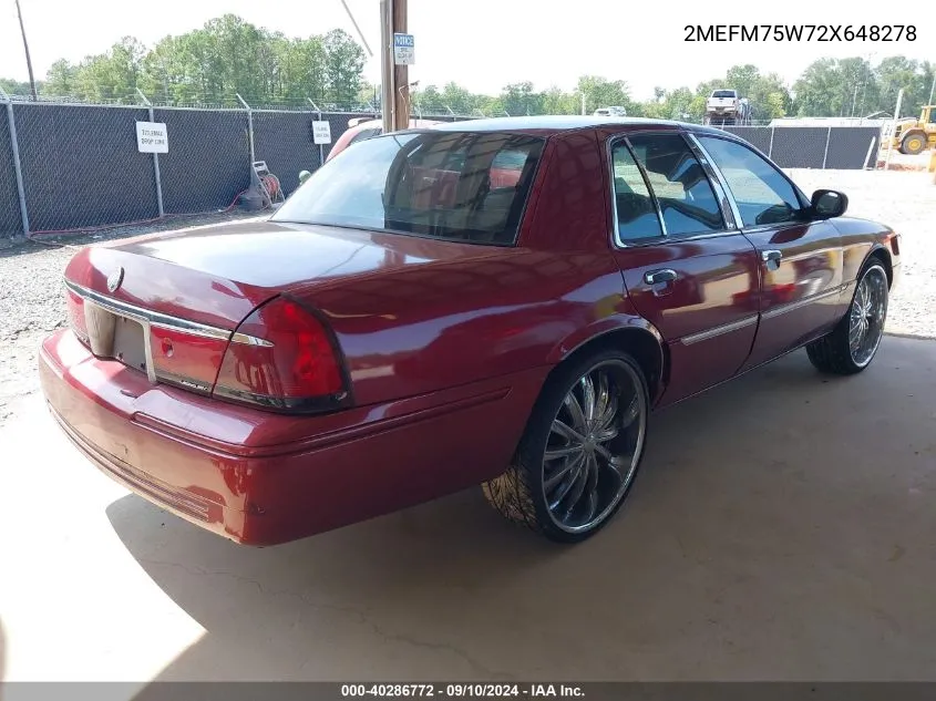 2002 Mercury Grand Marquis Ls VIN: 2MEFM75W72X648278 Lot: 40286772