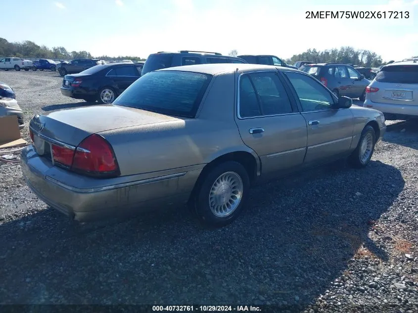 2002 Mercury Grand Marquis Ls VIN: 2MEFM75W02X617213 Lot: 40732761