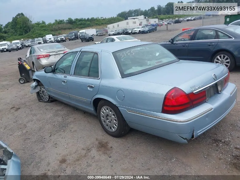 2003 Mercury Grand Marquis Gs VIN: 2MEFM74W33X693155 Lot: 39948649