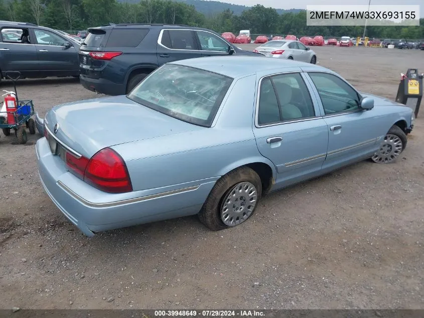 2003 Mercury Grand Marquis Gs VIN: 2MEFM74W33X693155 Lot: 39948649