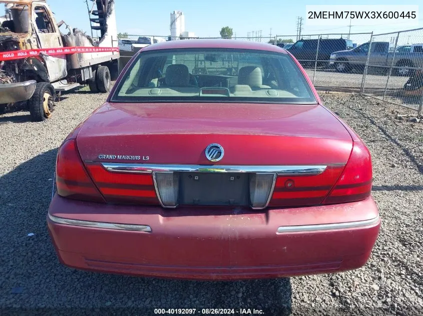 2003 Mercury Grand Marquis Ls VIN: 2MEHM75WX3X600445 Lot: 40192097