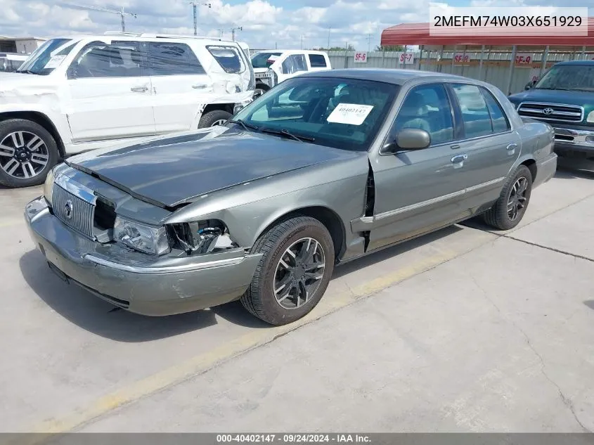 2003 Mercury Grand Marquis Gs VIN: 2MEFM74W03X651929 Lot: 40402147