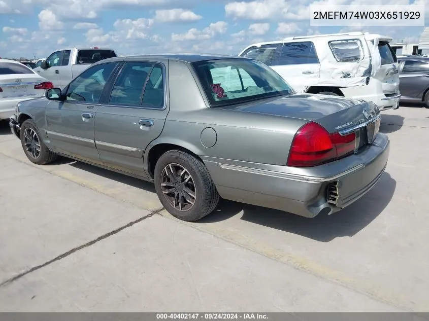 2003 Mercury Grand Marquis Gs VIN: 2MEFM74W03X651929 Lot: 40402147