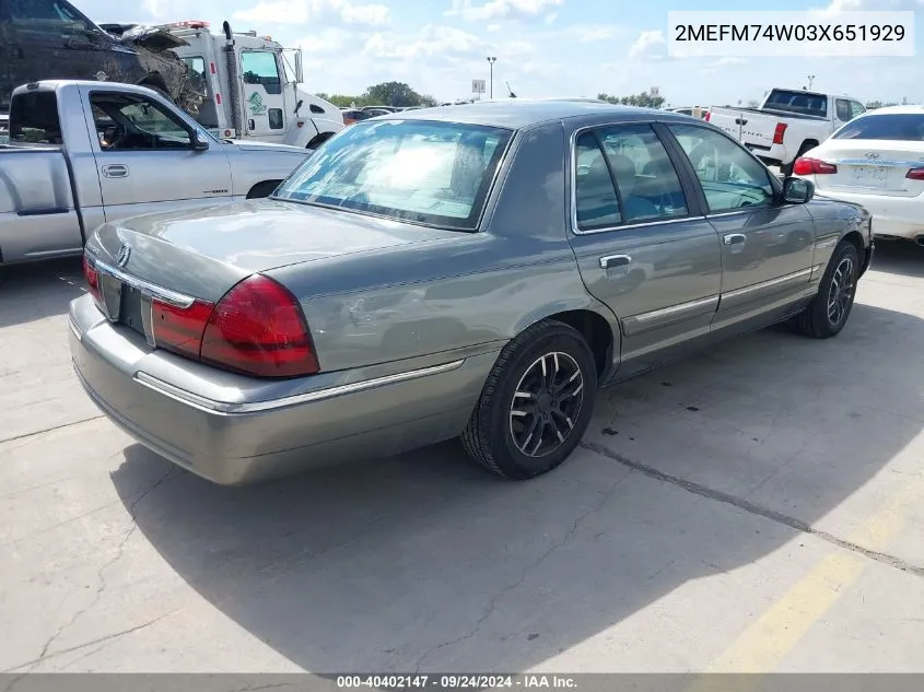 2003 Mercury Grand Marquis Gs VIN: 2MEFM74W03X651929 Lot: 40402147