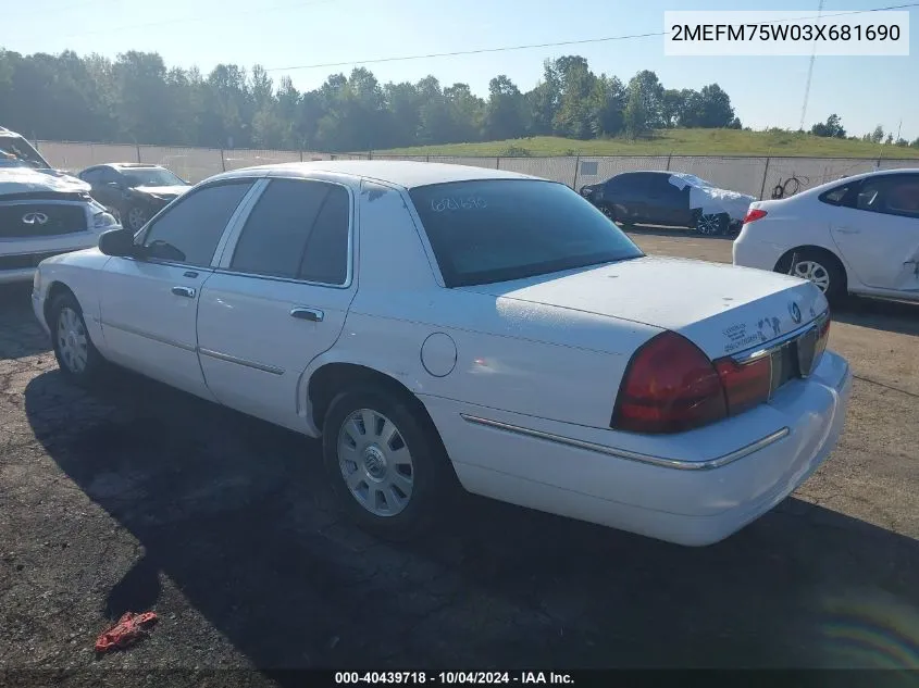 2003 Mercury Grand Marquis Ls VIN: 2MEFM75W03X681690 Lot: 40439718