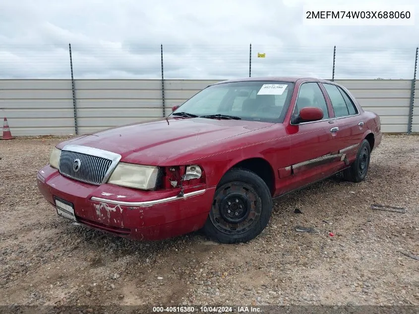 2003 Mercury Grand Marquis Gs VIN: 2MEFM74W03X688060 Lot: 40516380