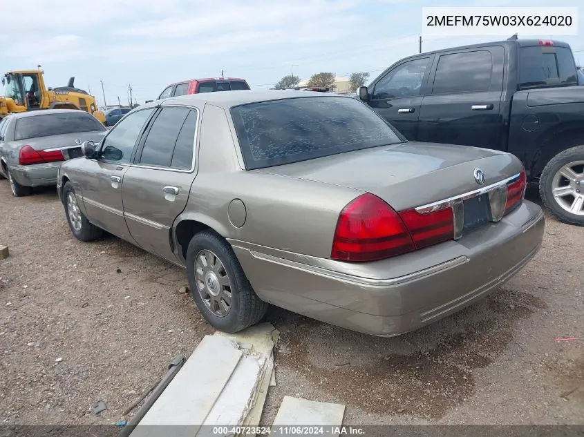 2003 Mercury Grand Marquis Ls VIN: 2MEFM75W03X624020 Lot: 40723524