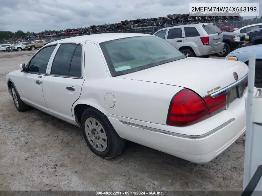 2004 Mercury Grand Marquis Gs VIN: 2MEFM74W24X643199 Lot: 40282291