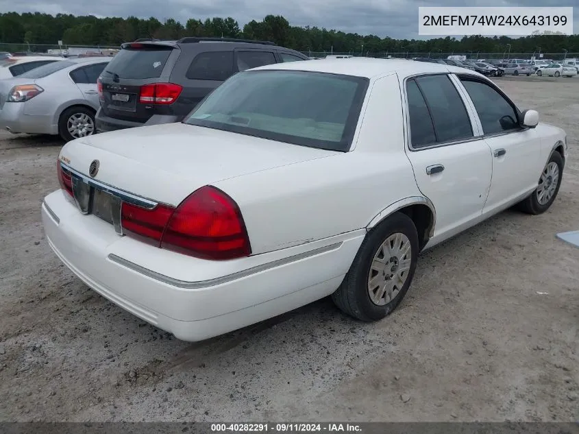 2004 Mercury Grand Marquis Gs VIN: 2MEFM74W24X643199 Lot: 40282291