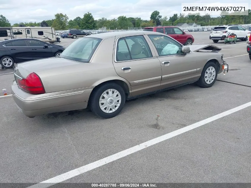 2004 Mercury Grand Marquis Gs VIN: 2MEFM74W94X670271 Lot: 40287785