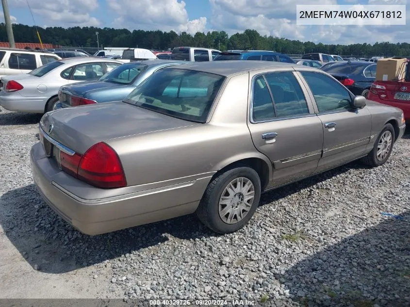 2004 Mercury Grand Marquis Gs VIN: 2MEFM74W04X671812 Lot: 40329726