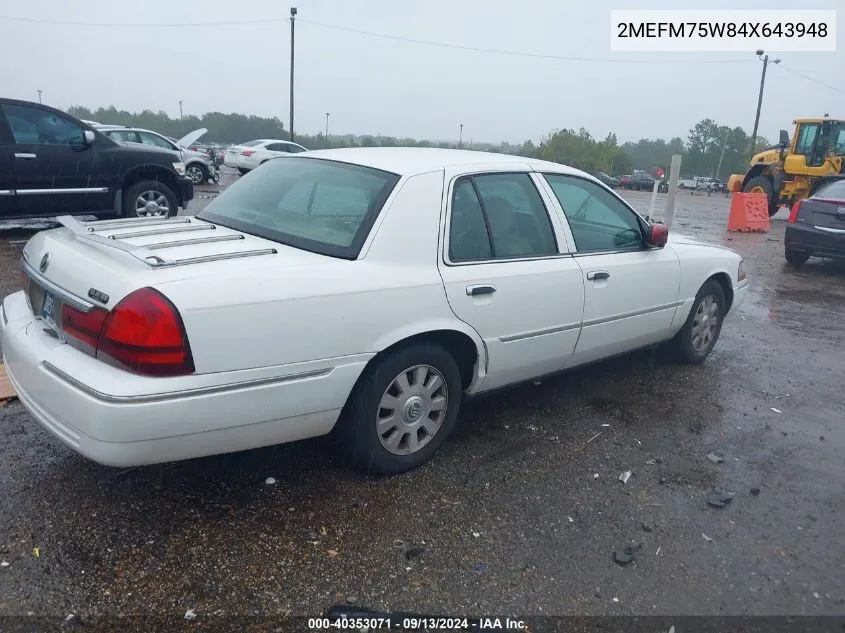 2004 Mercury Grand Marquis Ls VIN: 2MEFM75W84X643948 Lot: 40353071