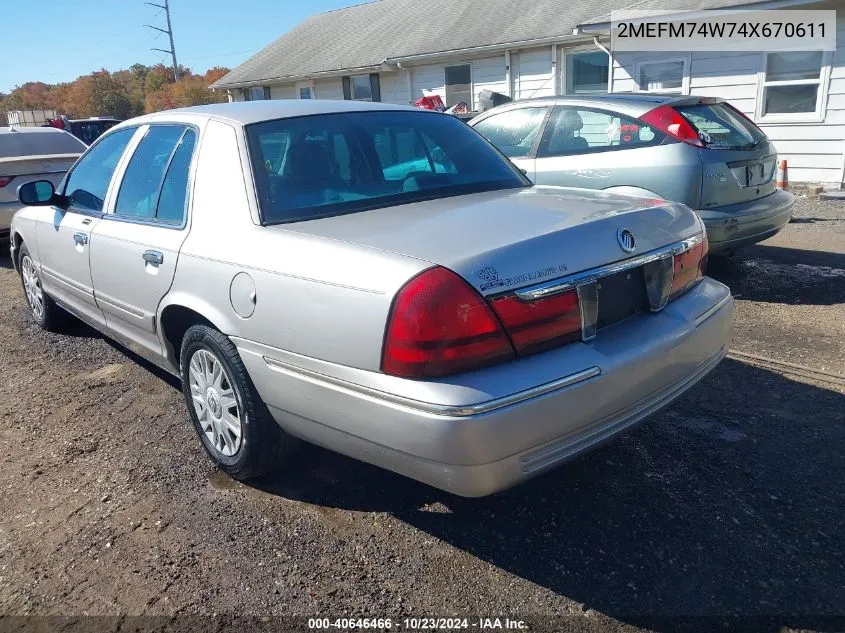 2004 Mercury Grand Marquis Gs VIN: 2MEFM74W74X670611 Lot: 40646466