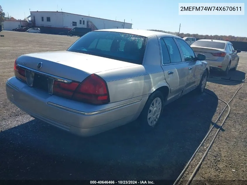 2004 Mercury Grand Marquis Gs VIN: 2MEFM74W74X670611 Lot: 40646466