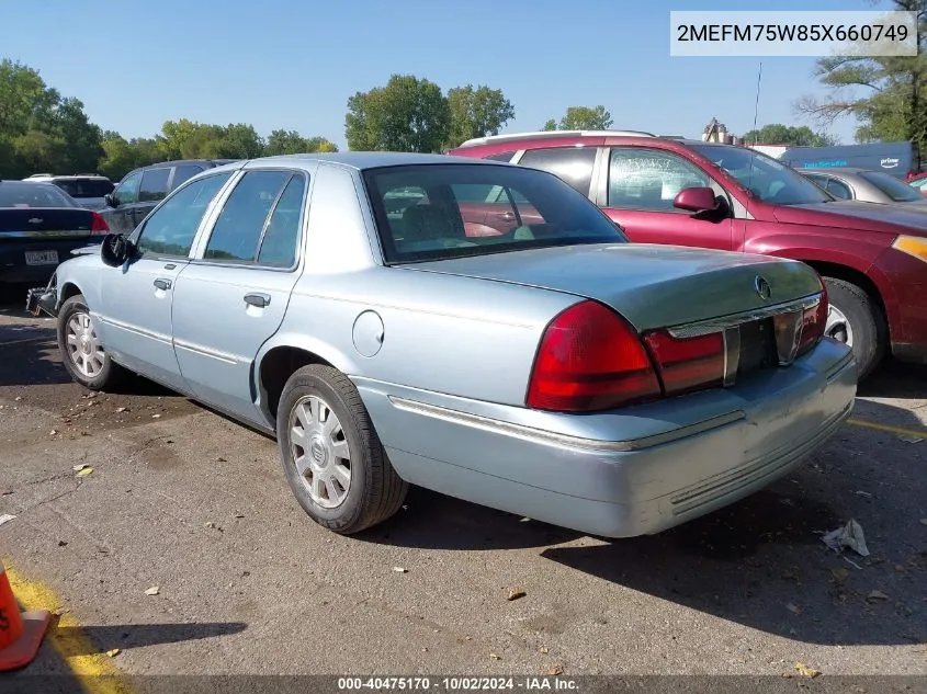 2005 Mercury Grand Marquis Ls/Lse VIN: 2MEFM75W85X660749 Lot: 40475170