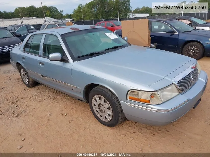 2005 Mercury Grand Marquis Gs VIN: 2MEFM74W85X665760 Lot: 40490357