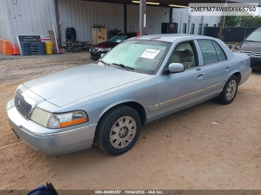 2005 Mercury Grand Marquis Gs VIN: 2MEFM74W85X665760 Lot: 40490357