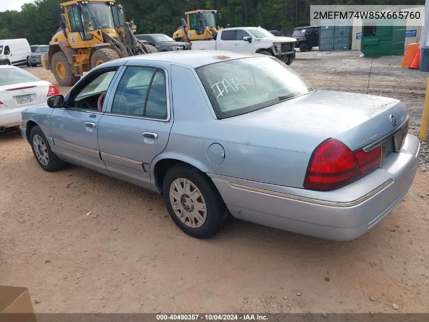 2005 Mercury Grand Marquis Gs VIN: 2MEFM74W85X665760 Lot: 40490357