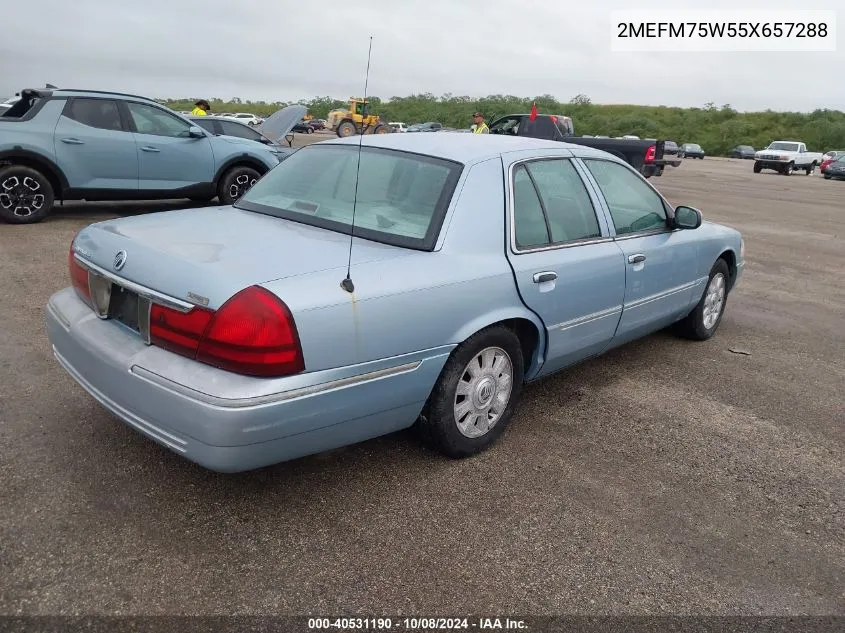 2005 Mercury Grand Marquis Ls VIN: 2MEFM75W55X657288 Lot: 40531190