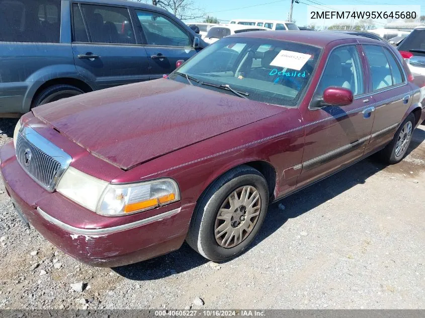 2005 Mercury Grand Marquis Gs VIN: 2MEFM74W95X645680 Lot: 40605227