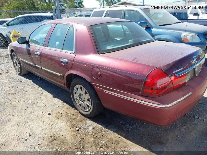 2005 Mercury Grand Marquis Gs VIN: 2MEFM74W95X645680 Lot: 40605227