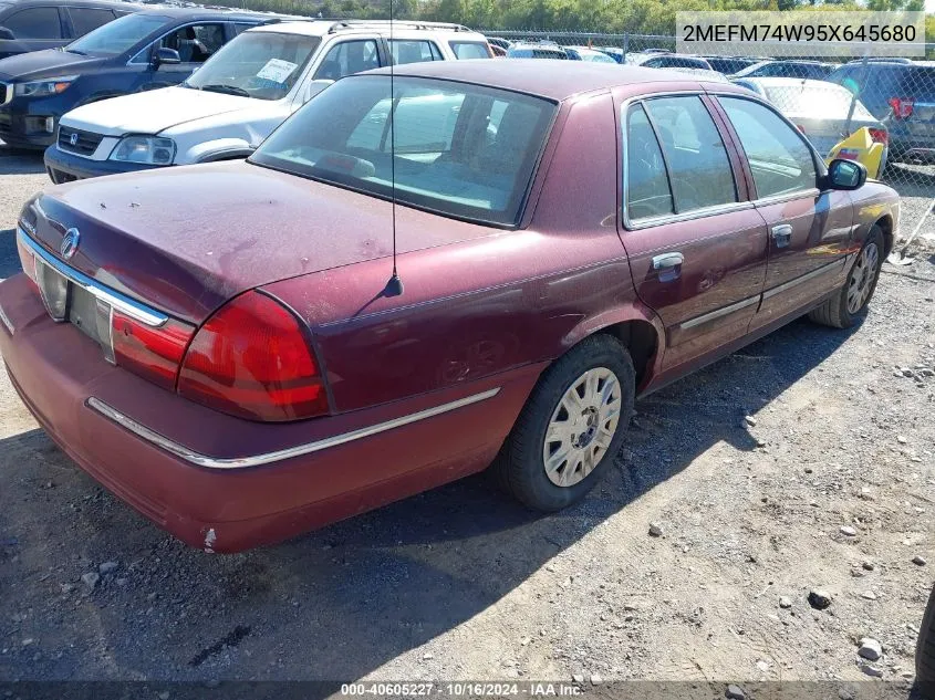 2005 Mercury Grand Marquis Gs VIN: 2MEFM74W95X645680 Lot: 40605227