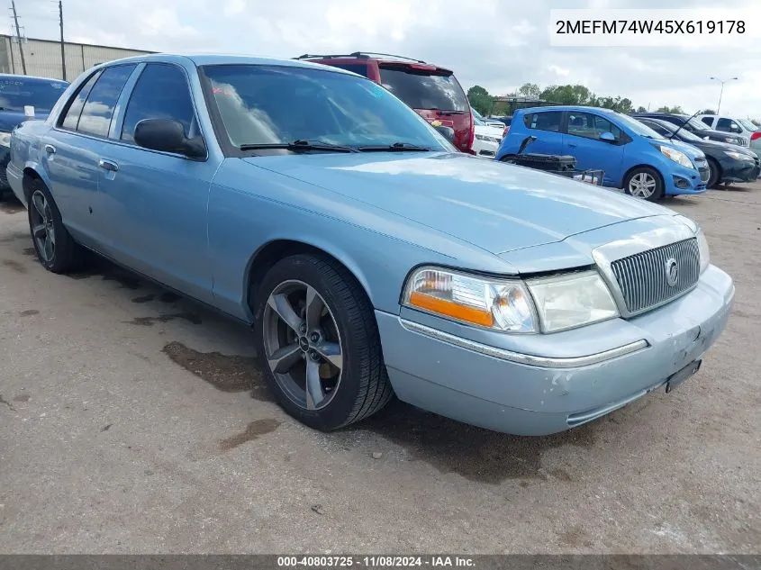 2005 Mercury Grand Marquis Gs VIN: 2MEFM74W45X619178 Lot: 40803725