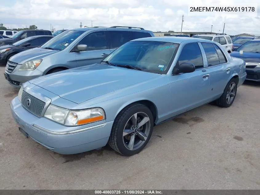 2005 Mercury Grand Marquis Gs VIN: 2MEFM74W45X619178 Lot: 40803725