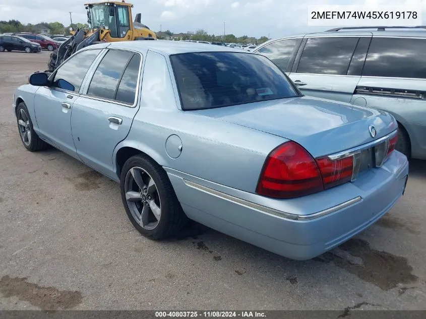 2005 Mercury Grand Marquis Gs VIN: 2MEFM74W45X619178 Lot: 40803725