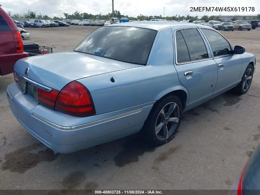 2005 Mercury Grand Marquis Gs VIN: 2MEFM74W45X619178 Lot: 40803725