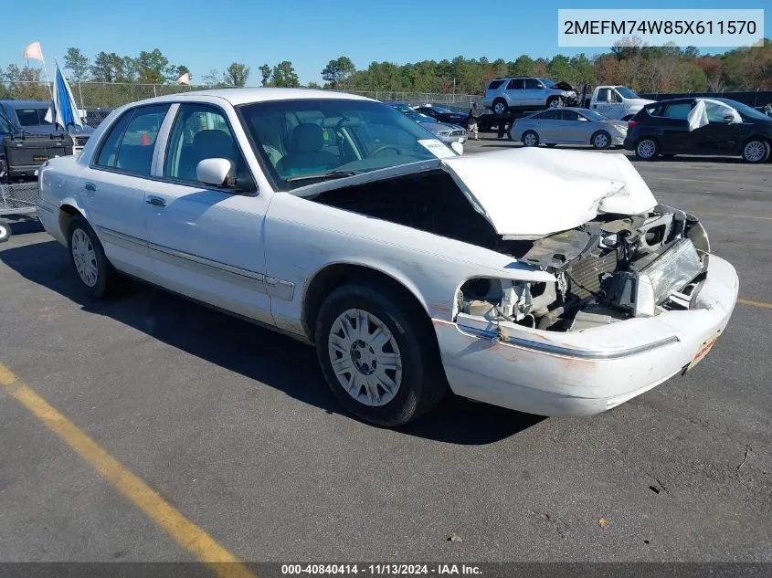 2005 Mercury Grand Marquis Gs VIN: 2MEFM74W85X611570 Lot: 40840414