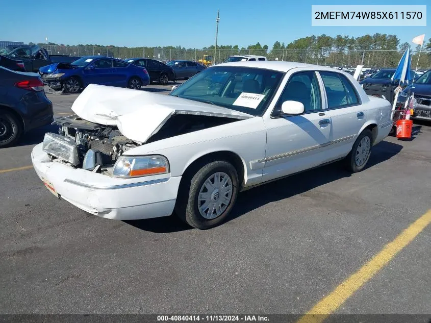 2005 Mercury Grand Marquis Gs VIN: 2MEFM74W85X611570 Lot: 40840414