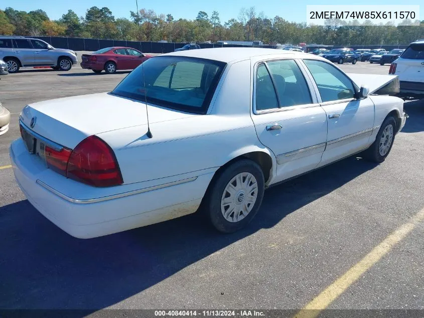 2005 Mercury Grand Marquis Gs VIN: 2MEFM74W85X611570 Lot: 40840414