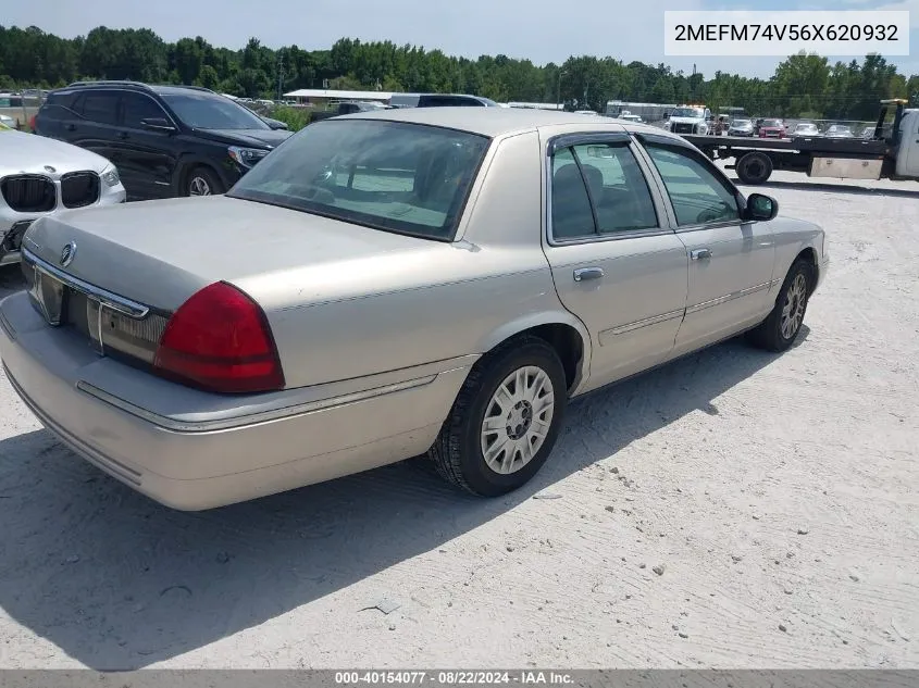 2006 Mercury Grand Marquis Gs VIN: 2MEFM74V56X620932 Lot: 40154077