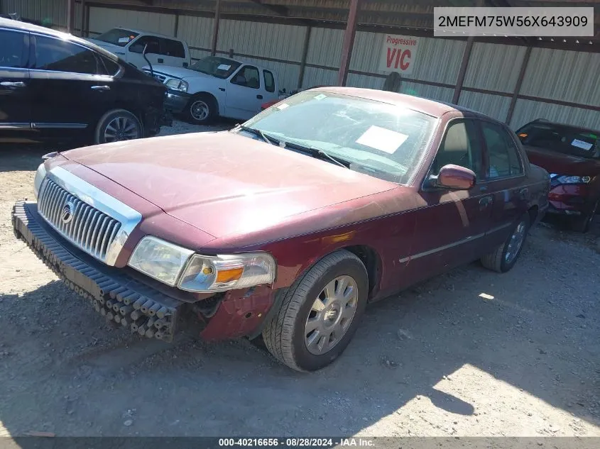 2006 Mercury Grand Marquis Ls VIN: 2MEFM75W56X643909 Lot: 40216656