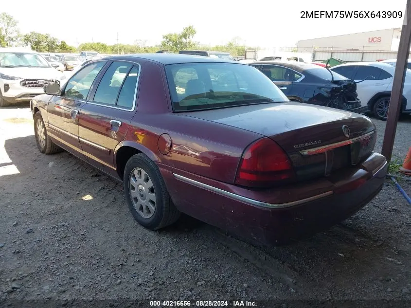 2006 Mercury Grand Marquis Ls VIN: 2MEFM75W56X643909 Lot: 40216656