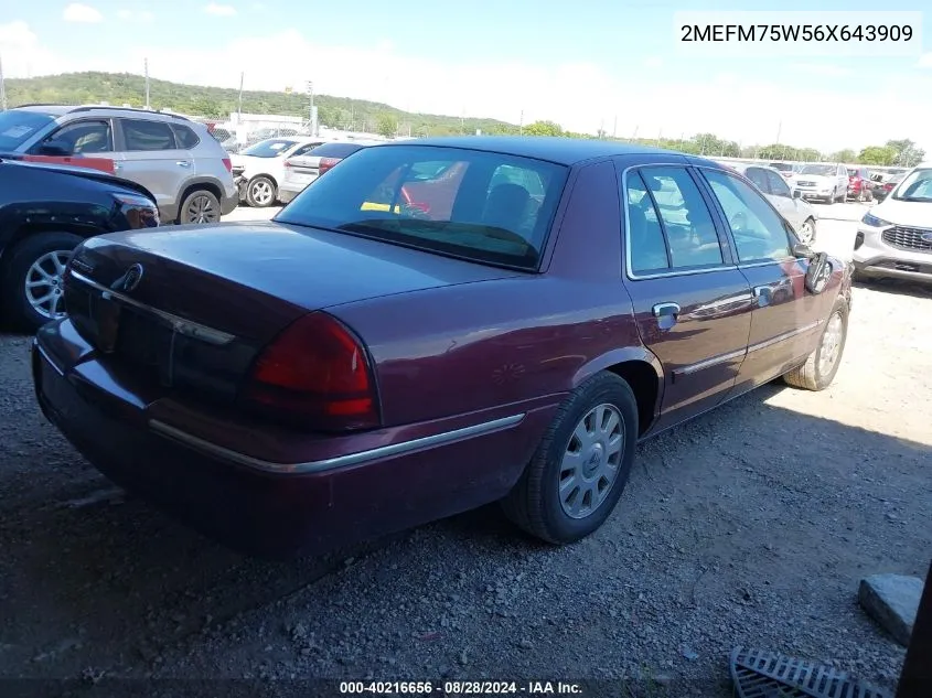 2006 Mercury Grand Marquis Ls VIN: 2MEFM75W56X643909 Lot: 40216656