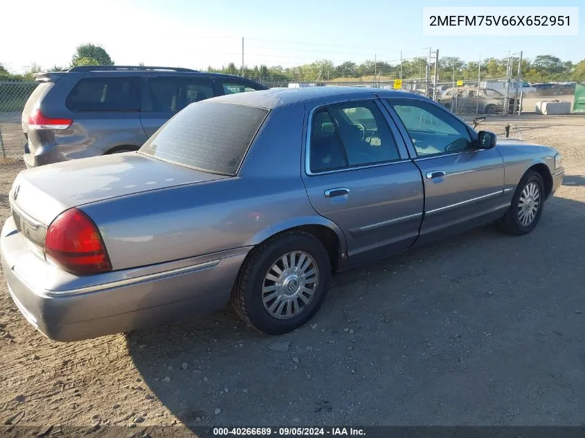 2006 Mercury Grand Marquis Ls VIN: 2MEFM75V66X652951 Lot: 40266689