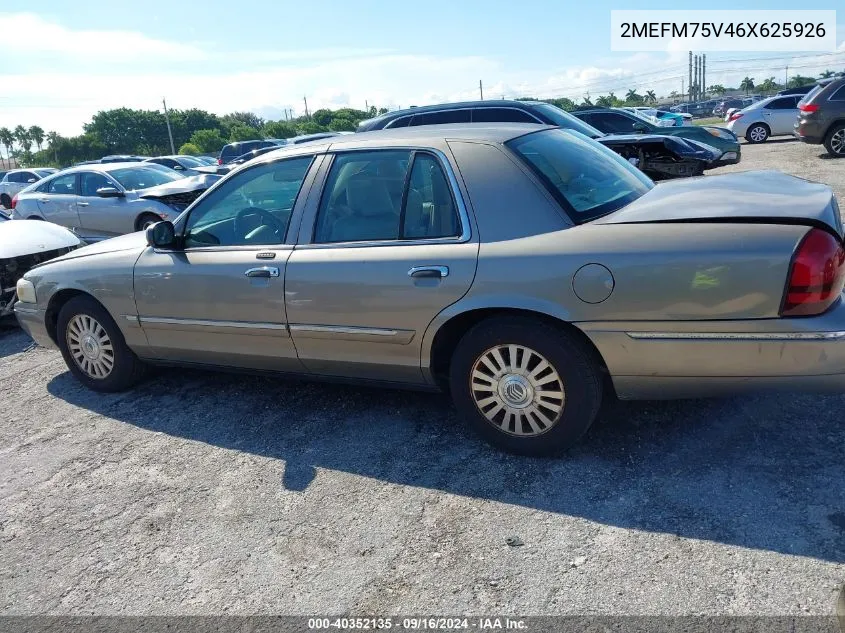 2006 Mercury Grand Marquis Ls VIN: 2MEFM75V46X625926 Lot: 40352135