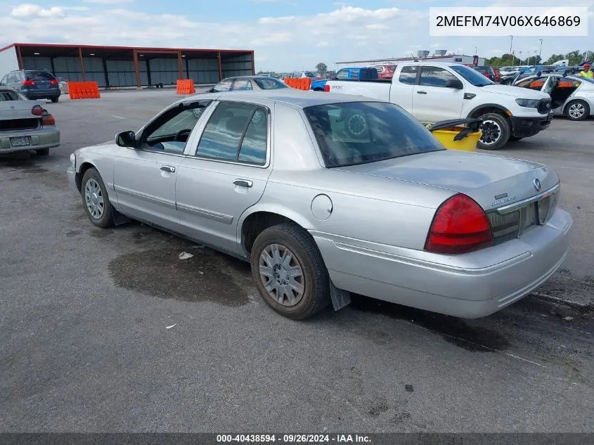 2006 Mercury Grand Marquis Gs VIN: 2MEFM74V06X646869 Lot: 40438594