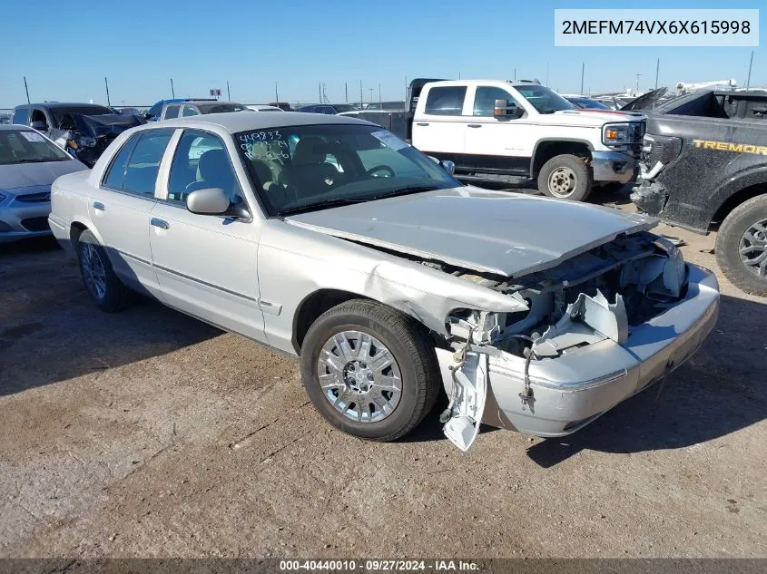 2006 Mercury Grand Marquis Gs VIN: 2MEFM74VX6X615998 Lot: 40440010